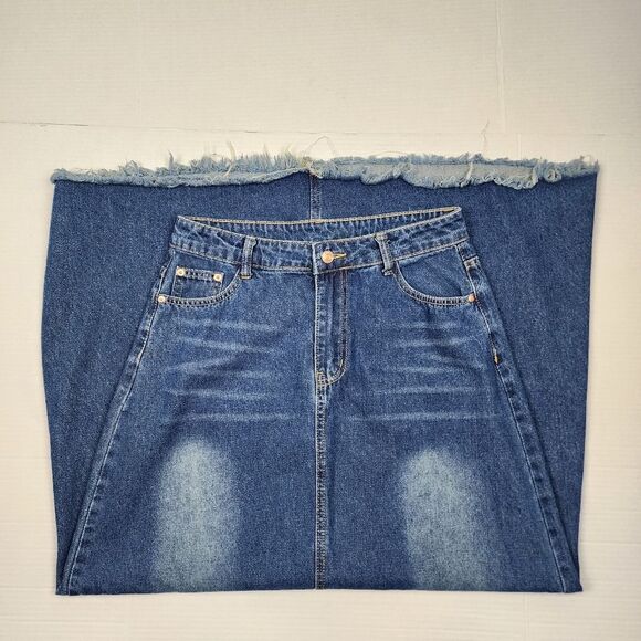 Denim Skirt Maxi Skirt Frayed Hem Jean Skirt Long To The Floor A-line M - Picture 11 of 11